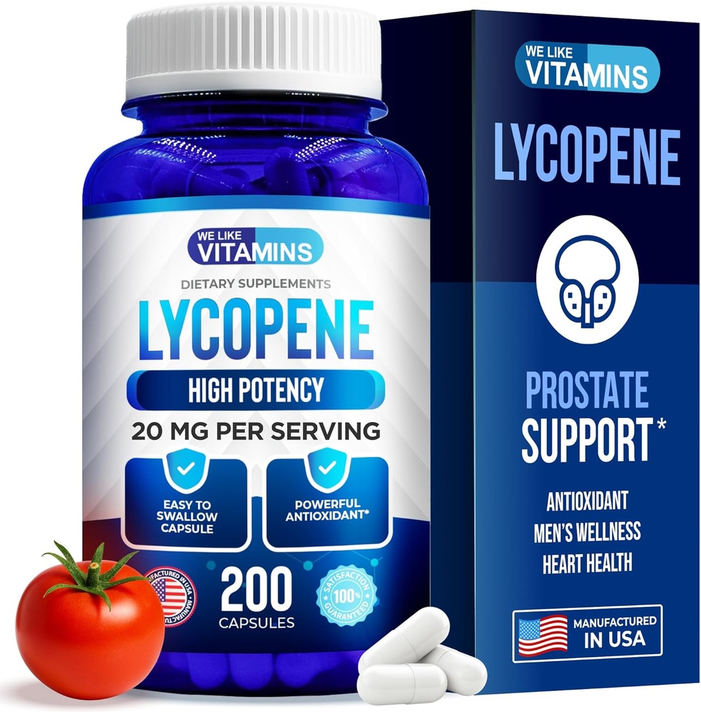 We Like Vitamins Lycopene Supplements for Men - Lycopene 20mg Per Serving - 200 Capsules - Super Antioxidant which Helps Support Immune System and Prostate Health