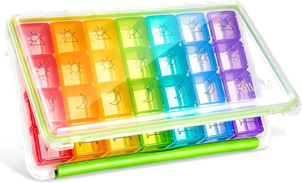 Fullicon Weekly Pill Organizer 4 日、Pill Box 7 Day for Travel、Moisture-Proof Daily Pill Box Organizer、薬、ビタミン、魚油、サプリメント(Clear and Green)の大型ピルケース