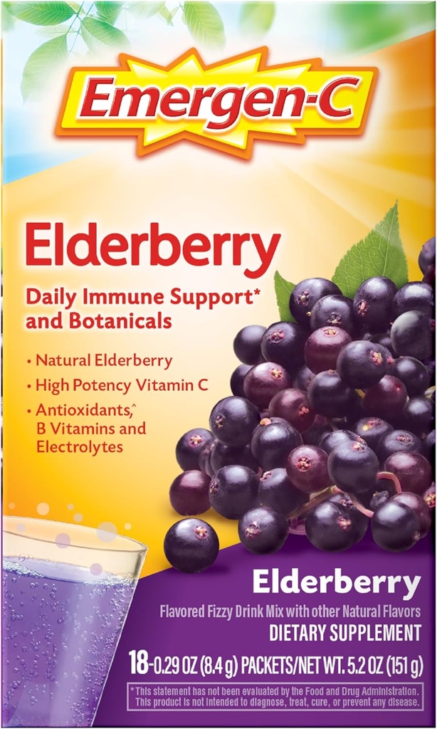 Emergen-C Elderberry Fizzy Drink Mix、Elderberry Immune Support、ナチュラルフレーバー、高効力ビタミンC、18カウント