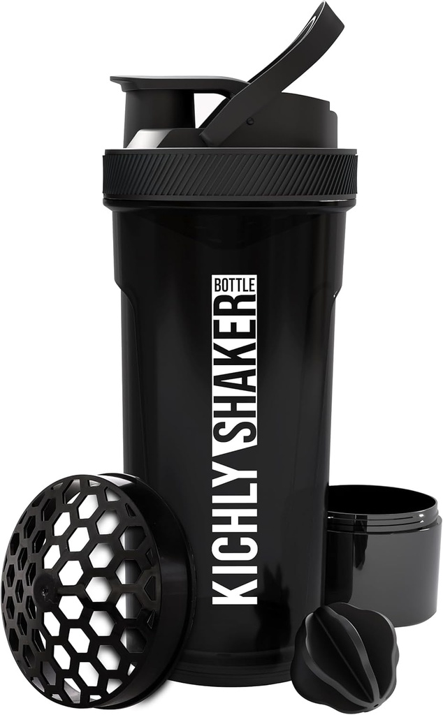 KICHLYシェーカーボトル1パック - 24オンスプリ&ポストワークアウトのためのプラスチックプロテインシェーカーボトルツ&ロックプロテインボックスストレージ(ブラック)