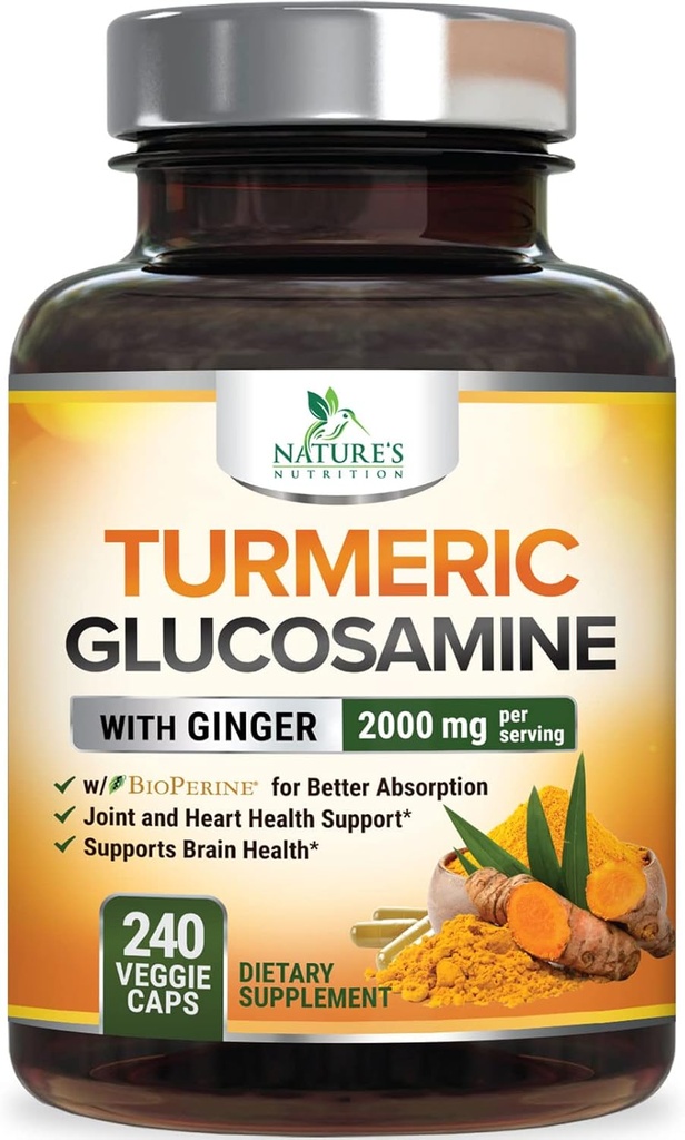 Turmeric Curcumin Supplement 2000mg - 95% Curcuminoids with Glucosamine, Ginger & MSM, BioPerine Black Pepper for Best Absorption, Nature's Vegan Joint Support, Non-GMO, Bottled in USA - 240 Capsules