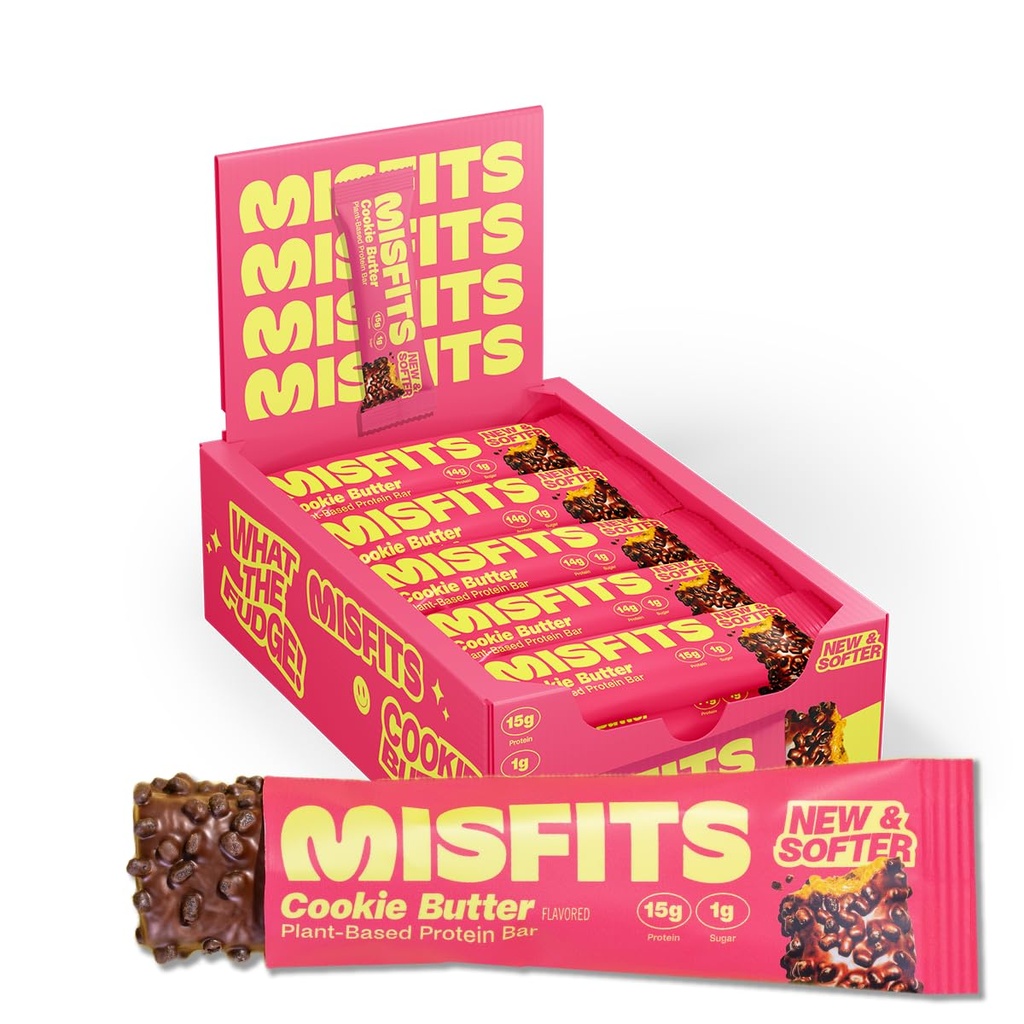Misfits ビーガンプロテインバー, クッキーバター - 更新レシピ | プラントベース, 低砂糖 & 炭水化物, 高繊維スナック | パック 15