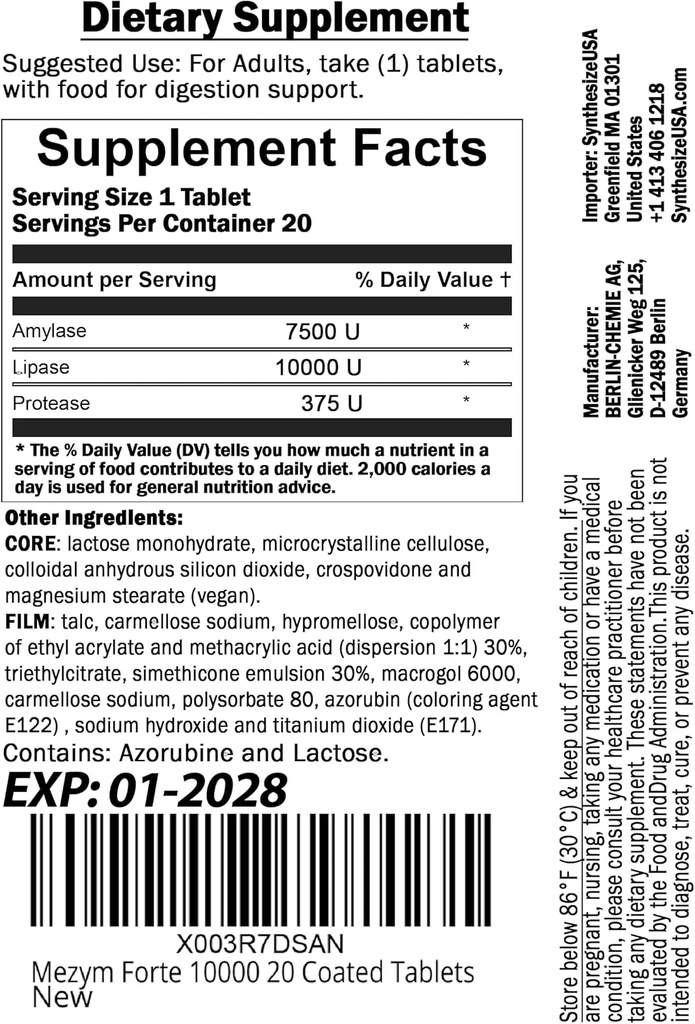 Grace nnvg Mezym Forte 10000, 20 錠 (サプリメント, 消化のサポートのためのパンクレアチン酵素)