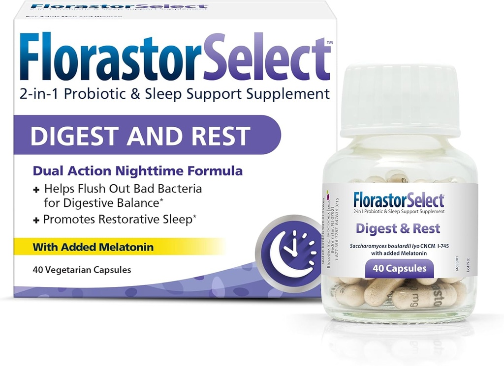 フローラストプロバイオティックダイジェストとレスト、メラトニン(4mg)、ナチュラル睡眠補助+消化サポート、40カプセル