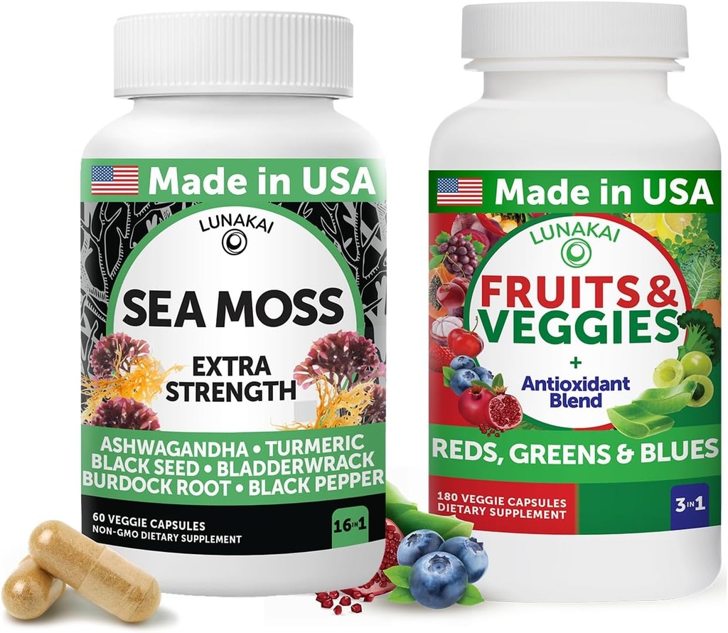 Lunakai USA Made Superfood Fruits & Veggies Supplement & Irish Sea Moss Bundle with 4 Blends, Black Seed Oil & Ashwagandha for Immune & Wellness Support