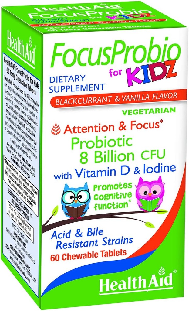FocusProbio for Kidz, 60 Chewableタブレット, 注意とフォーカスのための認知機能をサポートしています. ブラックカラントとバニラフレーバー、ビタミンD&イオジンが含まれています。 酸及びBile抵抗力がある緊張。 ベジタリアン
