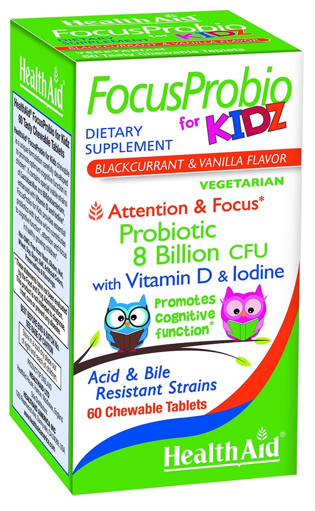FocusProbio for Kidz, 60 Chewableタブレット, 注意とフォーカスのための認知機能をサポートしています. ブラックカラントとバニラフレーバー、ビタミンD&イオジンが含まれています。 酸及びBile抵抗力がある緊張。 ベジタリアン
