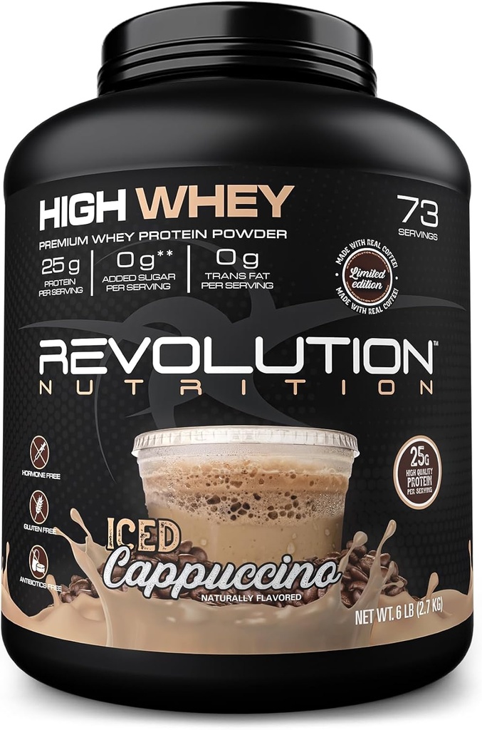 Revolution Nutrition, High Whey, Protein Powder 6LB, Whey Isolate, Gluten Free, Lean Muscle Mass for Men & Women, 25g of Protein Per Scoop, 2.7kg, 73 Servings (Iced Cappuccino, 6 Pound)