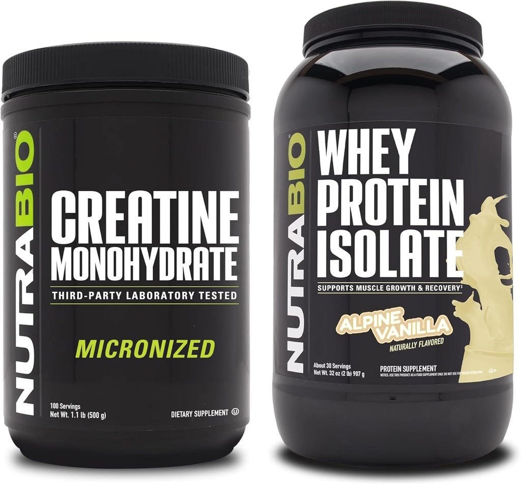 NutraBioクレアチンモノハイドレート、非風味、500gおよびWheyプロテインアイソレート、アルパインバニラ、サプリメントバンドル - 筋肉エネルギー、リーン筋肉成長、回復、および強さ