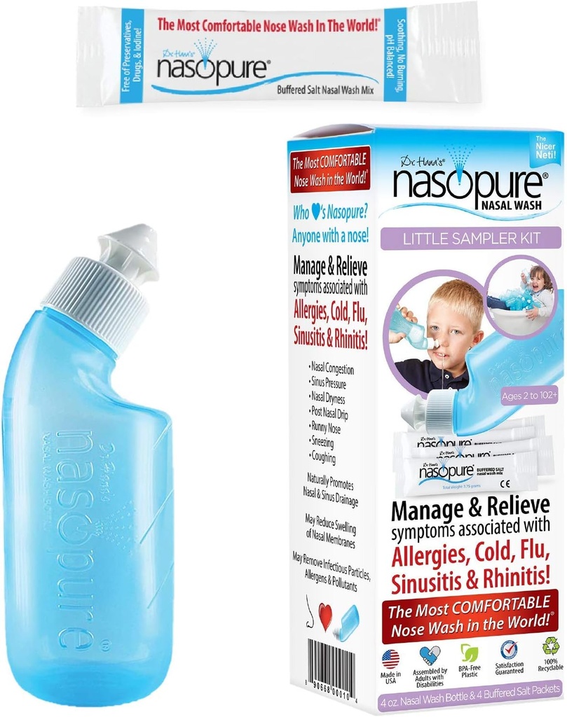 Nasopure鼻洗浄、リトルサンプラーキット、 “The Nicer Neti Pot” Sinus Wash Kit、快適なNasal Rinse 4 Oz Bottle & 4 Salt Packets (3.75 Gr 各)、鼻の混雑、風邪、アレルギー、鼻灌漑