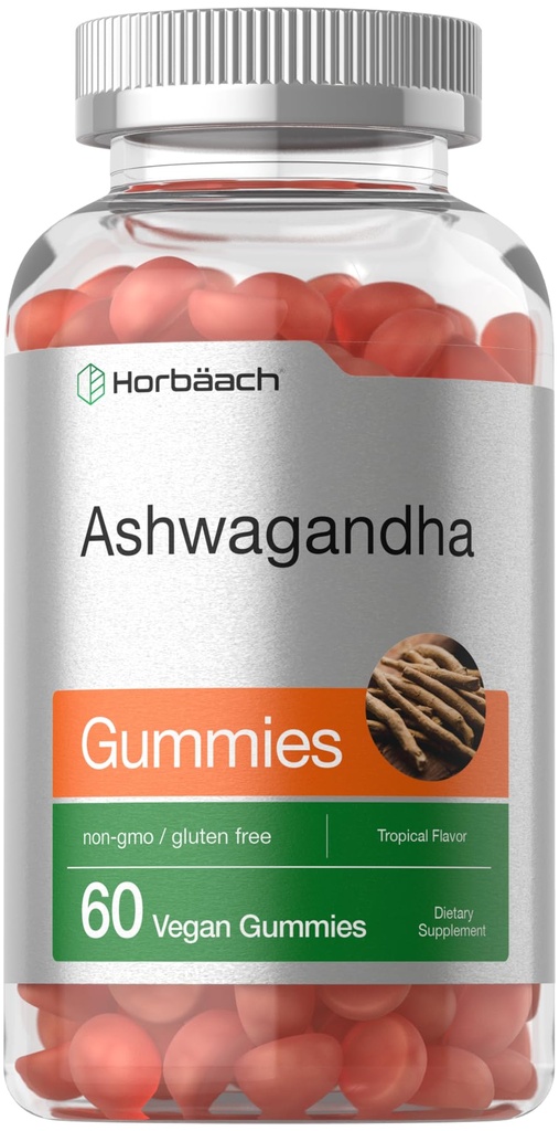 女性と男性のためのHorbäach Ashwagandhaグミー | 60カウント | 完全菜食主義者の、非GMO、グルテンフリーサプリメント | トロピカルフレーバー