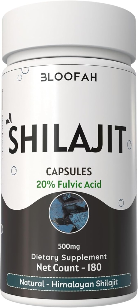 Bloofah Shilajitカプセル500mg | 20% 抽出物フルヴィク酸 | 天然シラジットパウダー(アスファルト) | 非GMO、グルテンフリー | 毎日の使用のためのプレミアムウェルネスサプリメント (180 カウント)