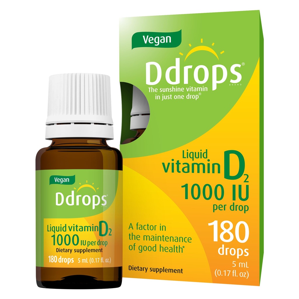 Ddropsビーガン1000 IU 180ドロップ - 毎日のビタミンD液体 - 骨の健康と免疫システムをサポートします。 大きいカプセル無し、防腐剤無し、非GMOのアレルギーフレンドリー