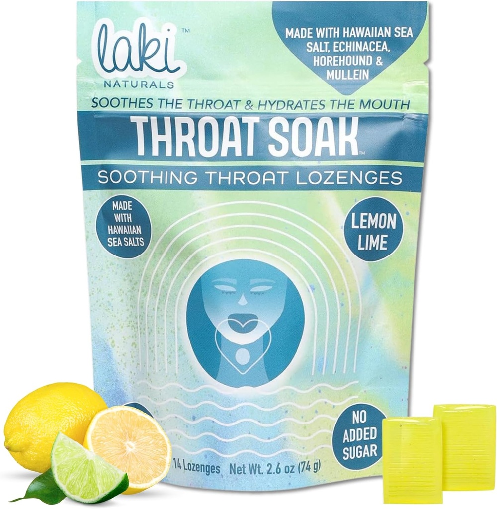 Laki Naturals Throat Soak Herbal Throat Lozenges(14 Ct) - ハワイアン・シー・ソルト・ソアット&ドライ・ムート・ソーシング・ドロップ - ビーガン、非GMO、砂糖フリー&グルテンフリースイーツ&ソルティハーブキャンディー