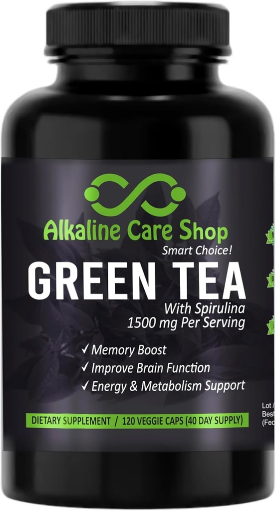 Alkaline の心配 - Spirulina のエキス 1500mg の緑茶-Spirulina の吸着の超強力な緑の茶補足-エネルギー及び代謝サポート カプセルのための緑茶- 120 のカプセル
