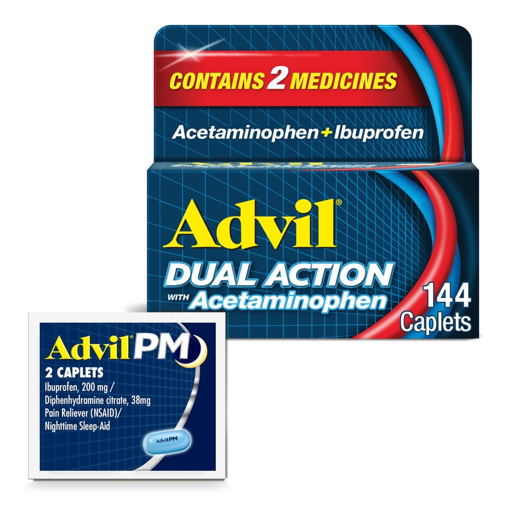 8時間の痛みの軽減のためのアセトアミノフェンおよびIbuprofen (2の線量の等価)のAdvilの二重行為、上塗を施してある144 Ctの小包および2 Ct。Advil PMのサンプル