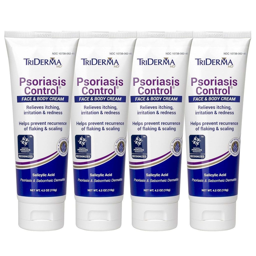 TriDerma Psoriasis Control Face & Body Cream - Maximum Strength 3% Salicylic Acid, AP4 Aloe Vera Gel, Urea Cream - Extra Moisturizing Treatment, No Cortisone or Coal Tar - FSA Eligible - 4.2 oz, 4Pack