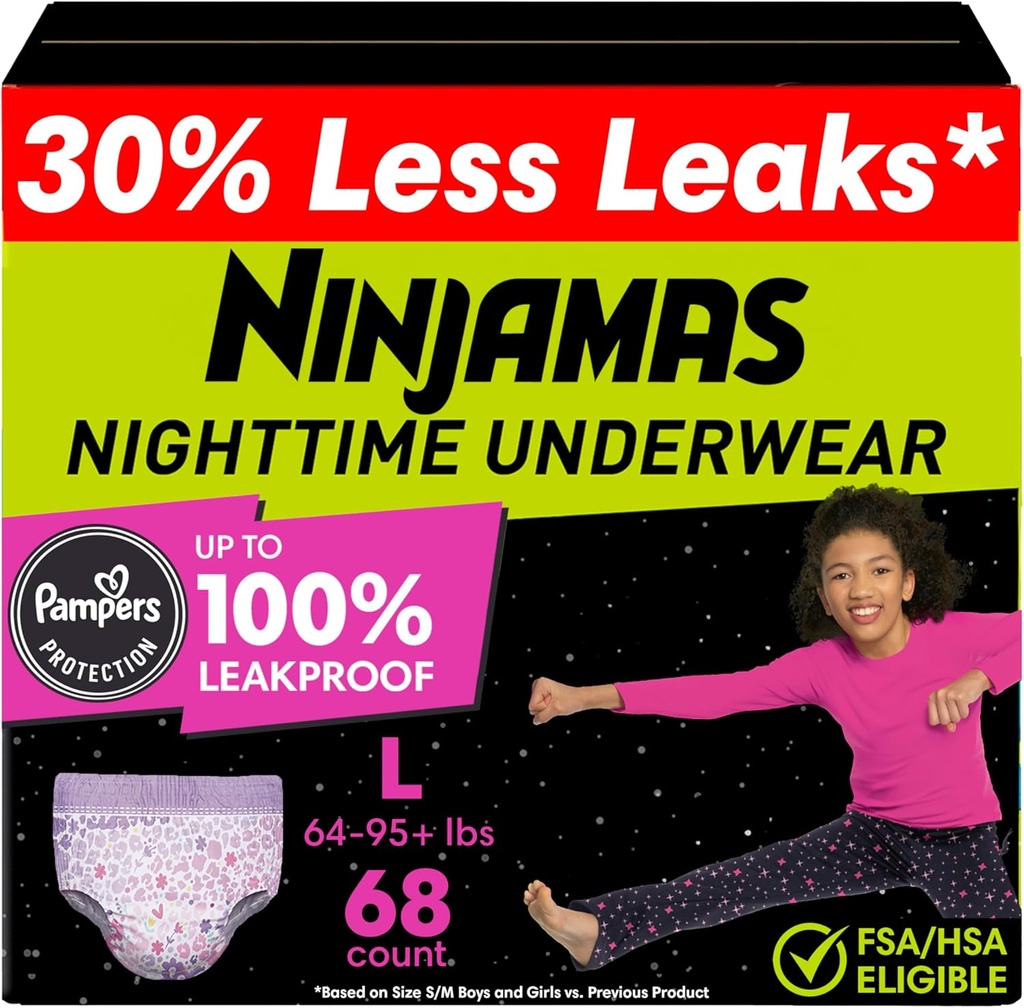Ninjamasの女性の寝具の夜間下着、PampersはサイズL (64-95+のlbs)、68の計算、上夜下着の子供、超吸収性、hypoallergenicを引き出します