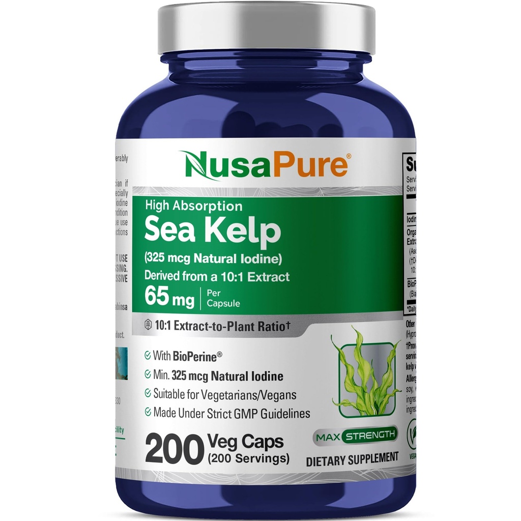 NusaPure海ケルプナチュラルイオジン325mcg 10:1抽出物、65mg相当650mgカプセル200カウント(非GMO、ビーガン)