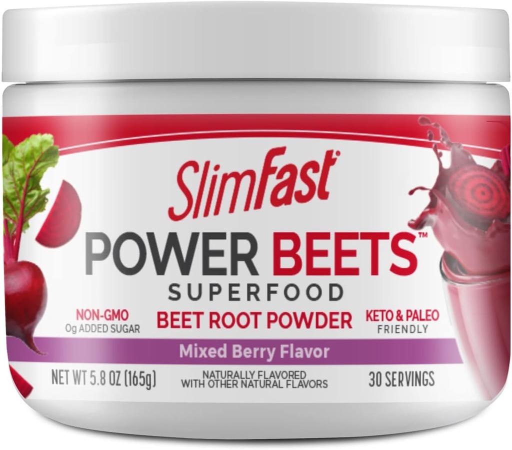 SlimFastビートルートパウダー、ビートパウダースーパーフード、発酵野菜ドリンクミックス、ケト&ペレオフレンドリー、非GMO、グレートスムージーミックス-パワービートミックスベリー風味- 30サービング(パッケージ1)