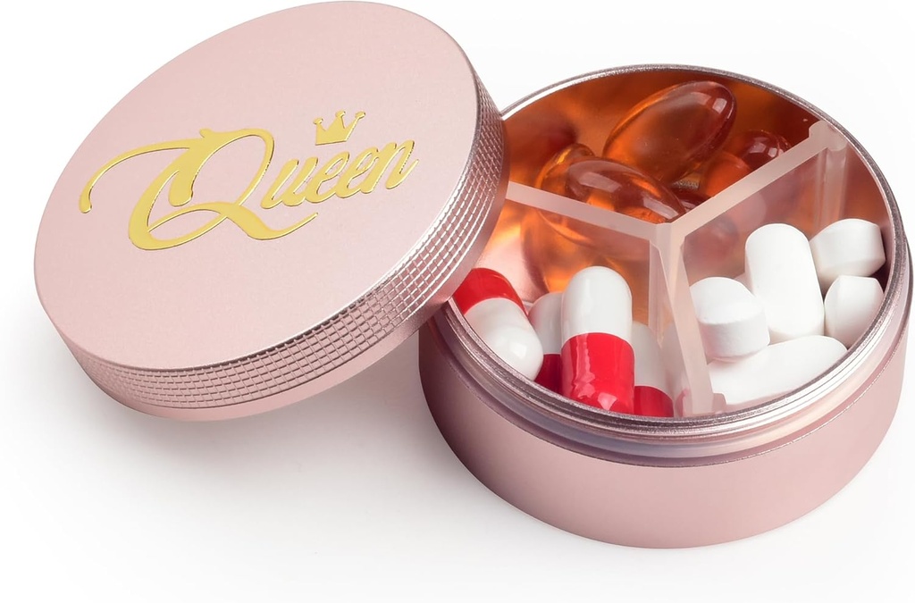 小さい丸薬の箱3のコンパートメント、金属の円形の携帯用丸薬箱、防水旅行丸薬のオルガナイザー、ポケット財布の薬のビタミンのホールダーEDCの容器(女王が付いているローズの金)