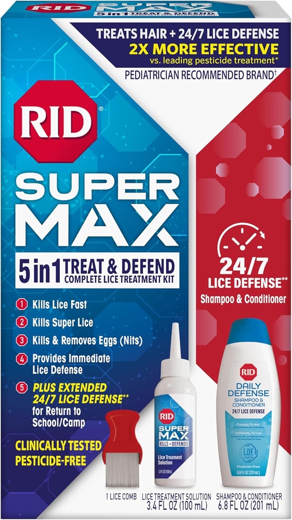 RIDスーパーマックスライストリートメントキット、Lice&Super Lice&Eggs + 24 / 7 Lice Defense、Pesticide Free、3.4 FL OZソリューション+ 6.8 FL OZ毎日の防衛シャンプー&コンディショナー+ Nit Removal Comb