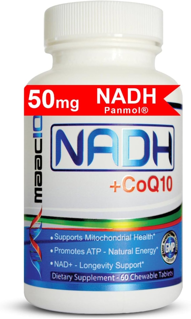 MAAC10 NADH + CoQ10の補足  大きい包装のChewableのタブレット  50mg PANMOL® NADH + 100mg CoQ10 疲労、エネルギーおよび精神焦点のための  NAD+の補足(60のタブレットのサービングごとの2)