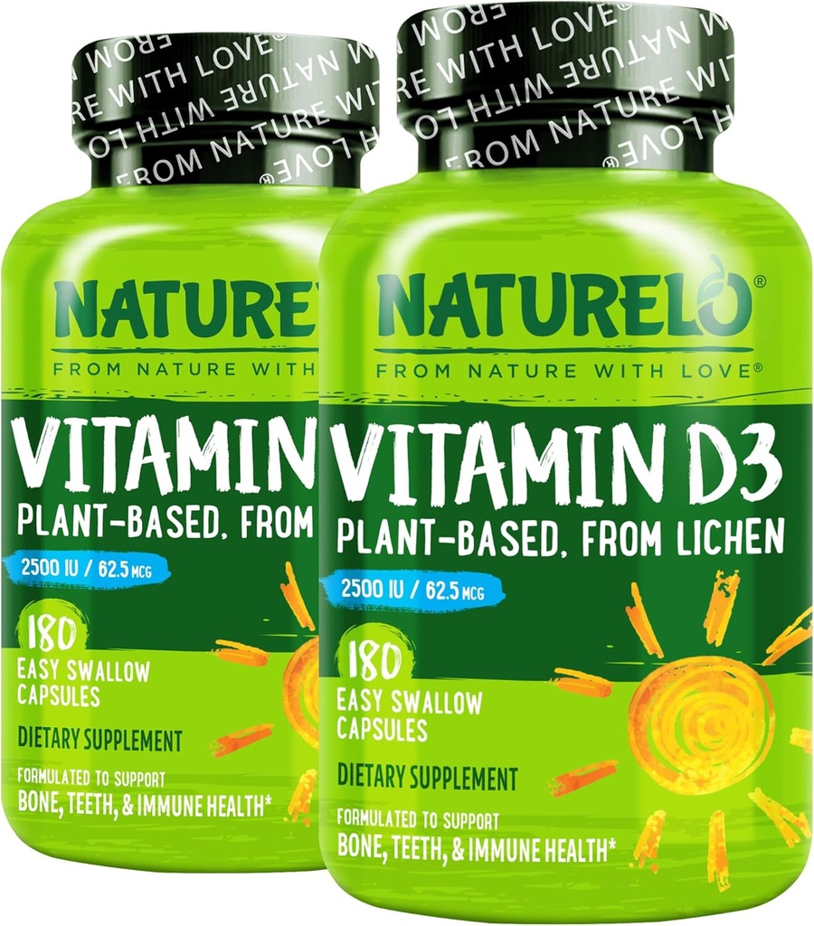 NATURELOのビタミンD - 2500 IU - 免疫システムのための自然なD3の補足から基づく植物、骨サポート、共同健康 - 完全菜食主義者の非GMO - グルテンフリー- 180のカプセル(2のパック)