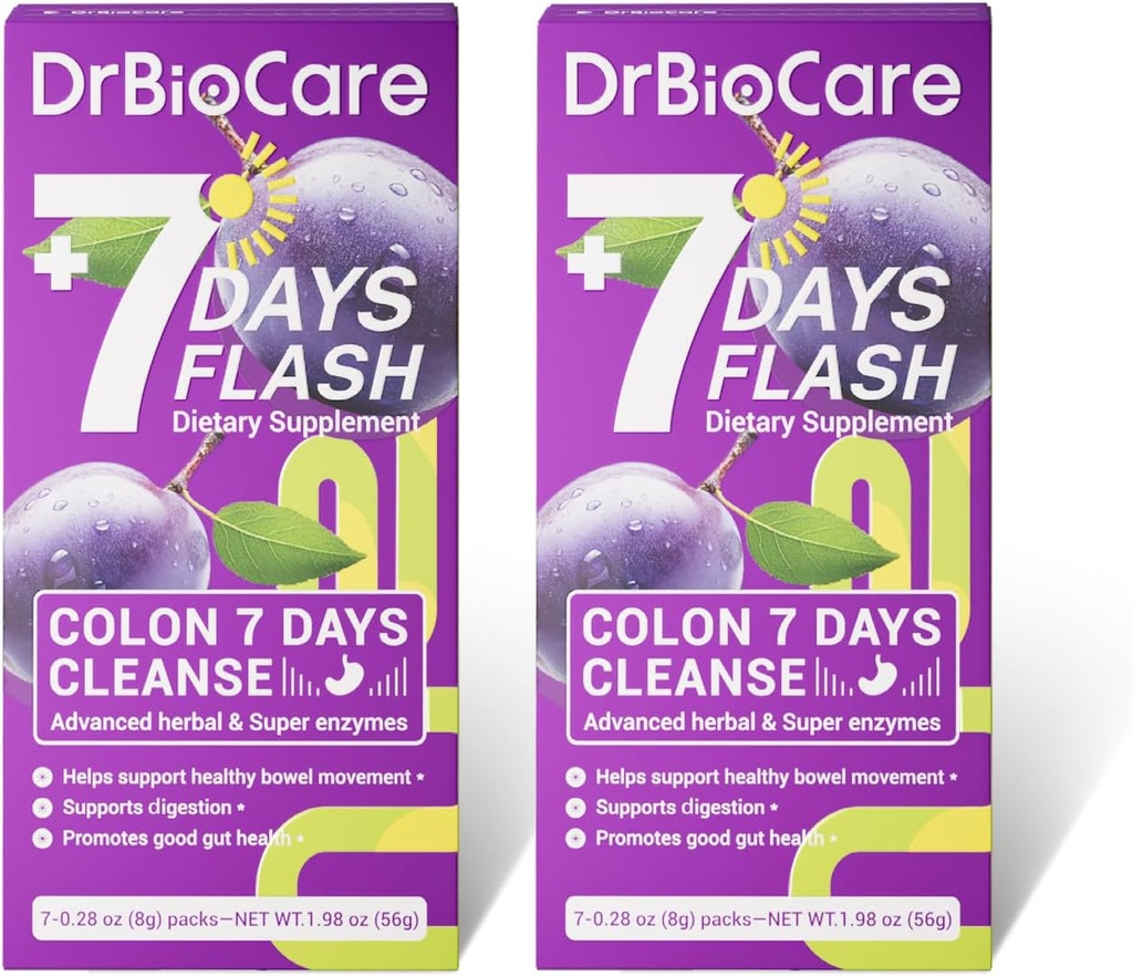 DrBioCare Colon 7 Days Cleanse, 7 Days Flash, Colon Cleanse, Detox & Digestive Support, Prune Flavor - 14 Packs