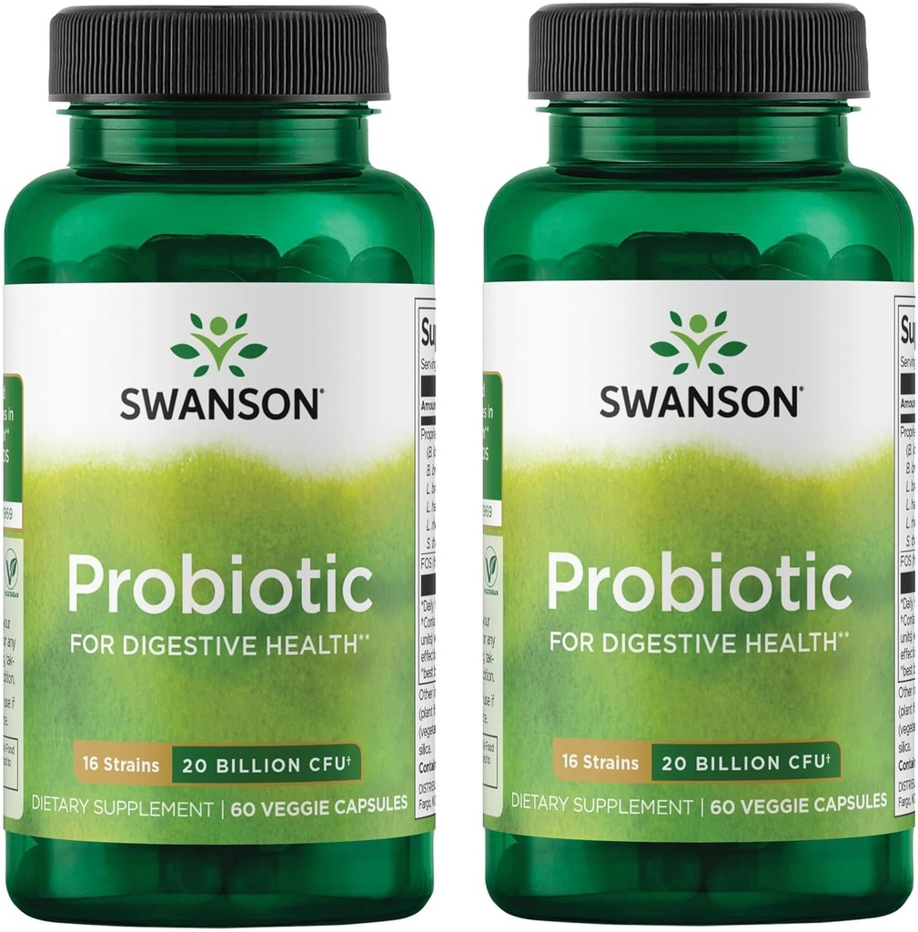 Swanson Probiotic for Digestive Health GI Tract Immune Support Travelers Support 20 Billion CFU with Prebiotic FOS 60 Veggie Capsules (Caps) (2 Pack)