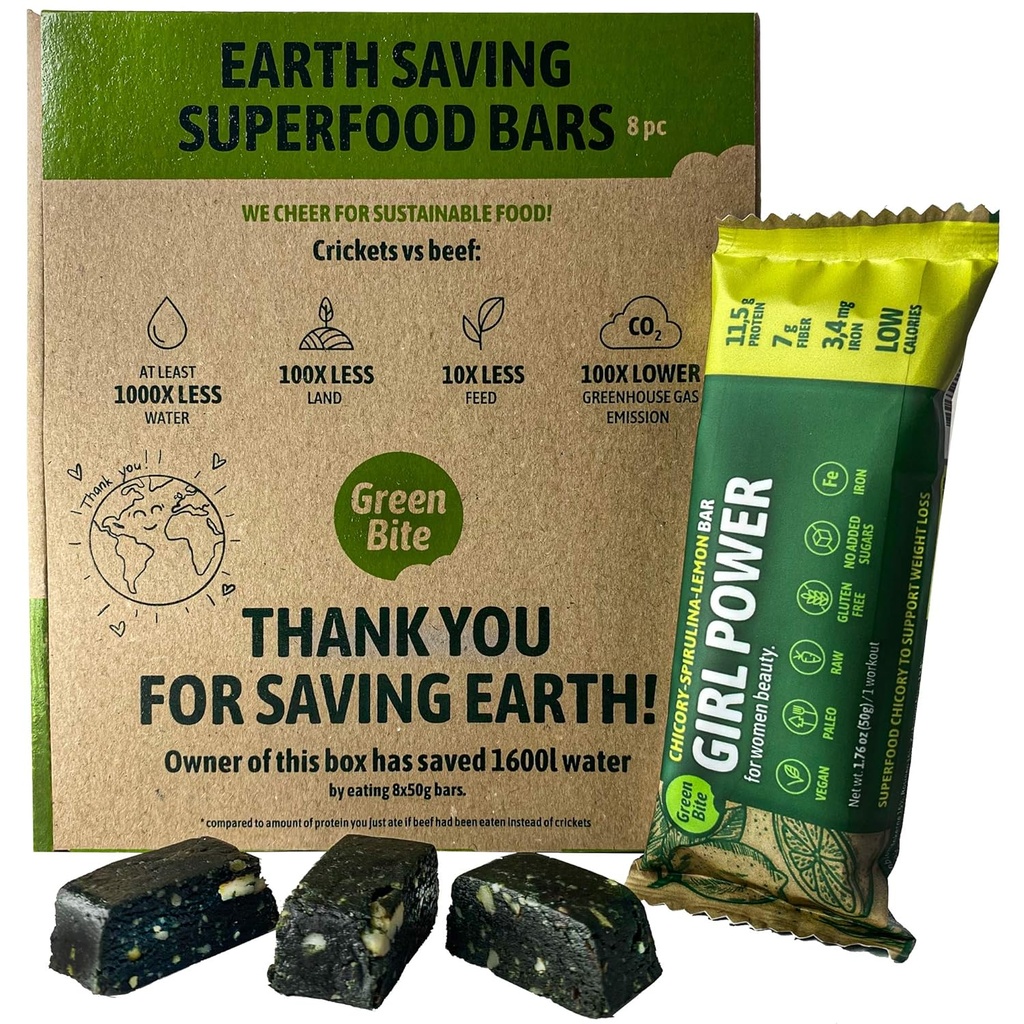 少女のパワープロテインバー 低カロリーの高いタンパク質、最高のフィギュアのための食事代替バー、ビーガンプロテインスナック、鉄リッチプロテインバー、砂糖なし、チキンスピルリナレモン風味、8のパック - グリーンビト