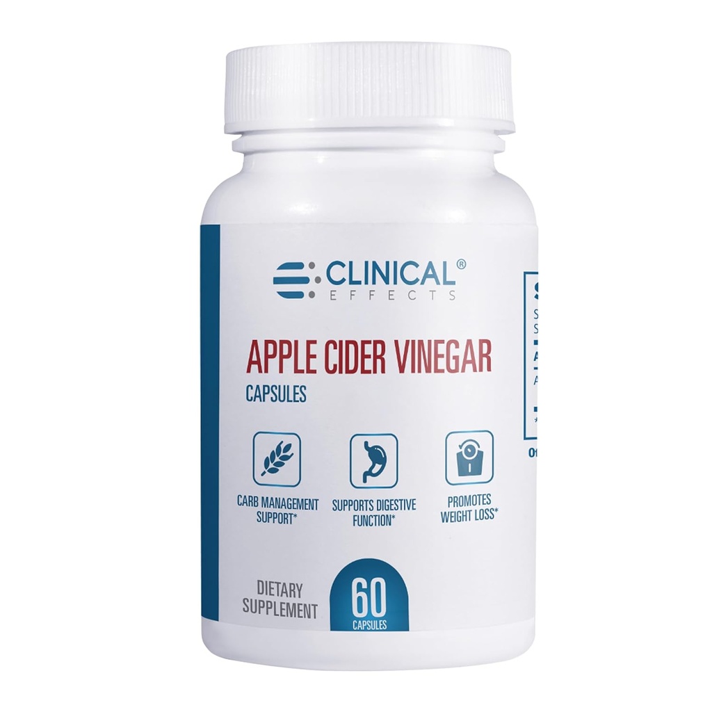Clinical Effects Apple Cider Vinegar Capsules - 1300mg Pure Apple Cider Vinegar for Weight Management, Heart Health, and Energy Support - 60 Veggie ACV Pills - Made in The USA