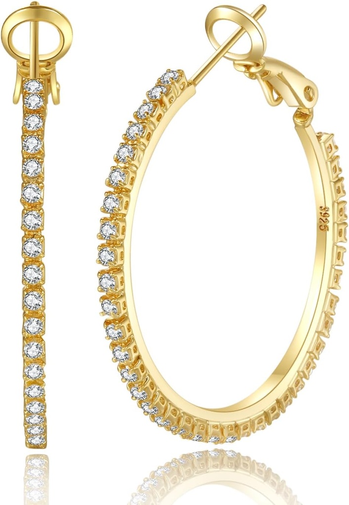 PABBEU 2mm 925の純銀のイヤリングの女性の大きいラインストーンのフープのイヤリングのための大きい純銀製のフープのイヤリングは女性のためのhypoallergenicのキュービックのジルコニアのイヤリングを薄くします 30/40/50/60/70mm