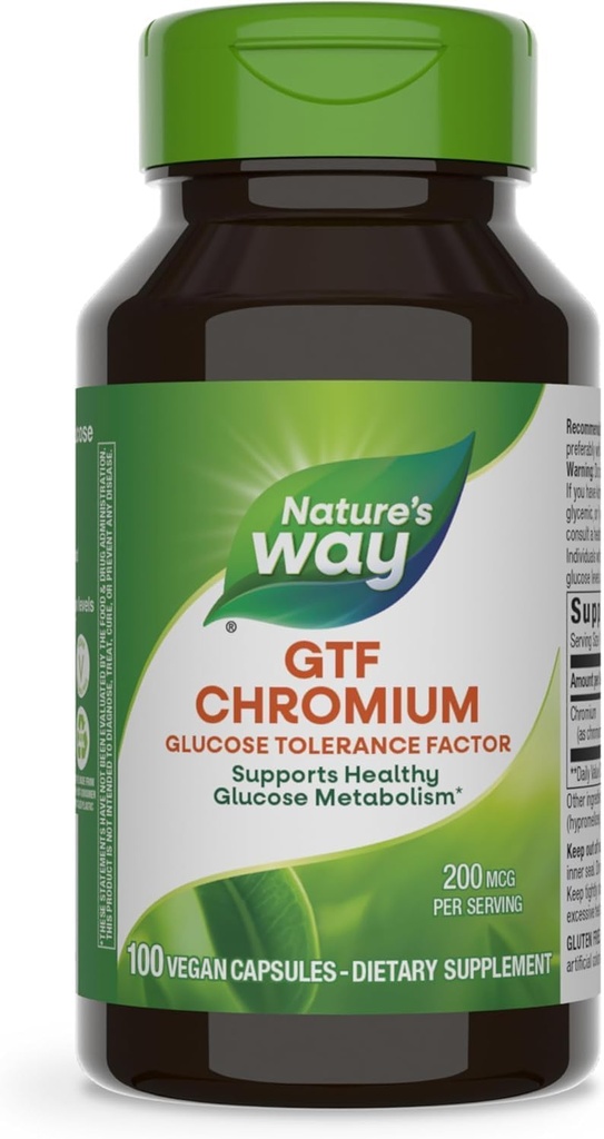 Nature's Way GTF Chromium, グルコース許容因子, ヘルシーグルコース代謝をサポート*, サービングあたり200 mcgクロム, 100 ビーガンカプセル (パッケージ 5 月 Vary)
