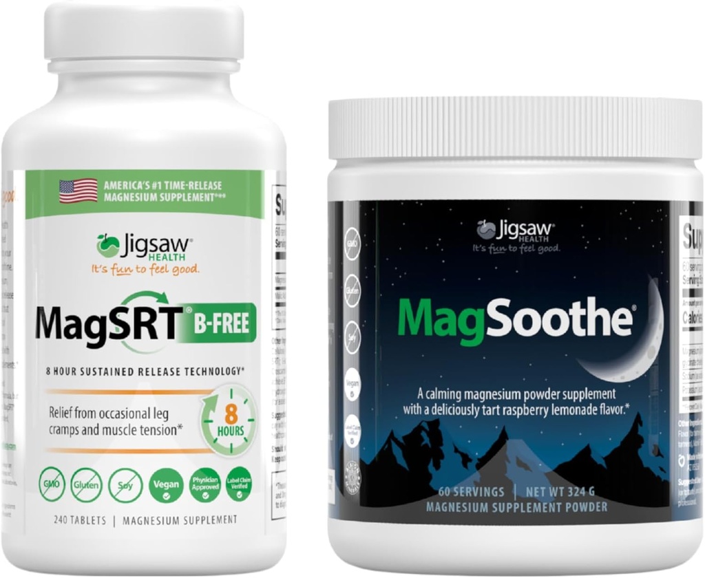 Jigsaw Health Magnesium Bundle | MagSRT (B-Free), 240 Tablets, and MagSoothe (Raspberry Lemonade), 60 Servings (Jar)