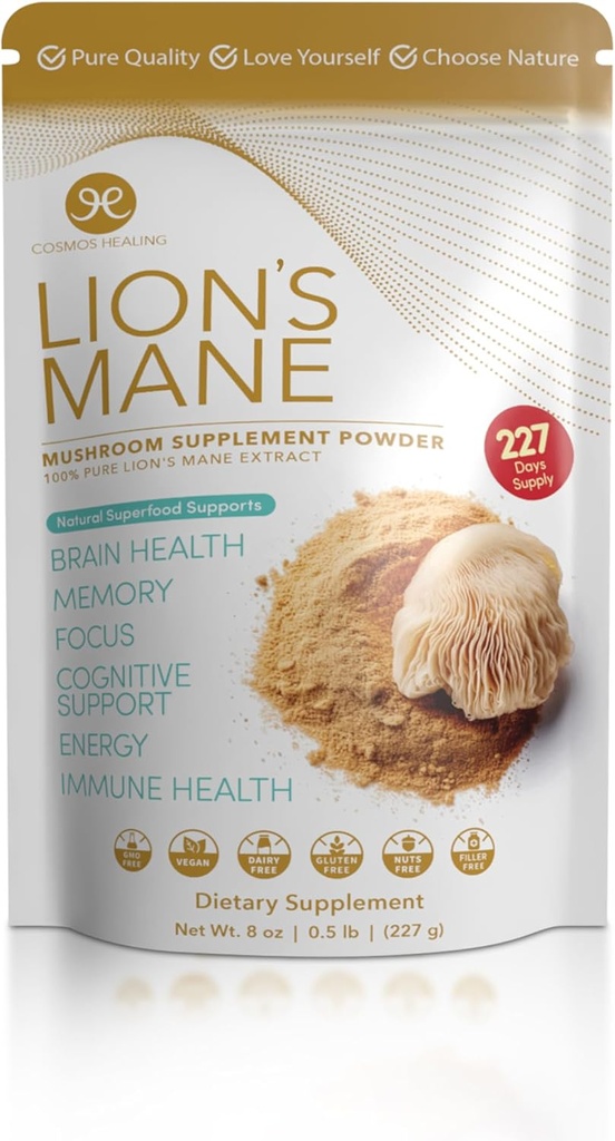 ライオンのマネのきのこの補足の粉、8 oz   焦点のための自然なスーパーフード、記憶、脳の健康、認知サポート、免疫ブースト、神経の健康、エネルギー  227 日の供給  ビーガン、非GMO