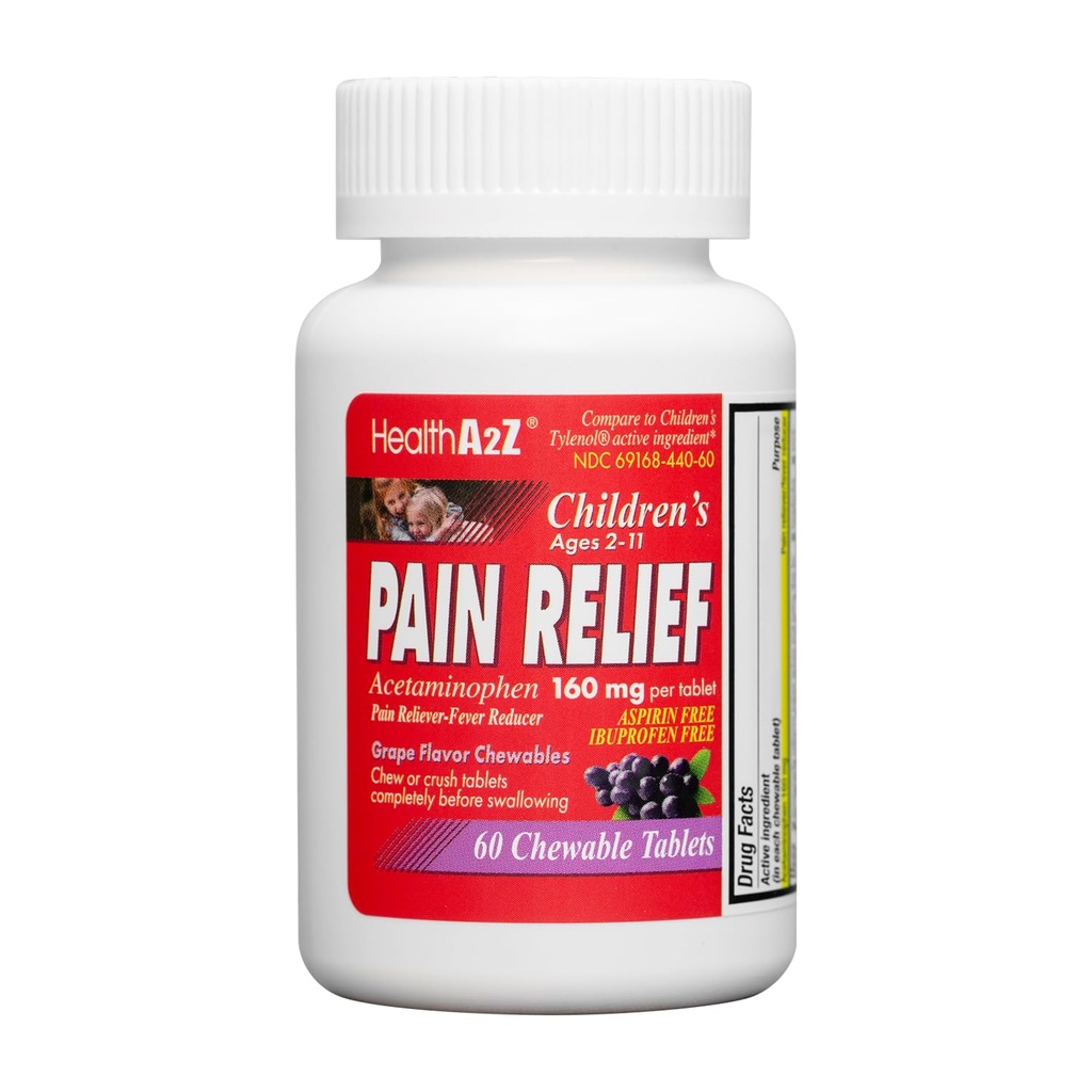 HealthA2Z® 子供の咀嚼可能な痛みの軽減 | アセトアミノフェン160mg | 咀嚼可能なタブレット | ブドウの味の病気 | アスピリン & イブプロフェン無料 (60 カウント)