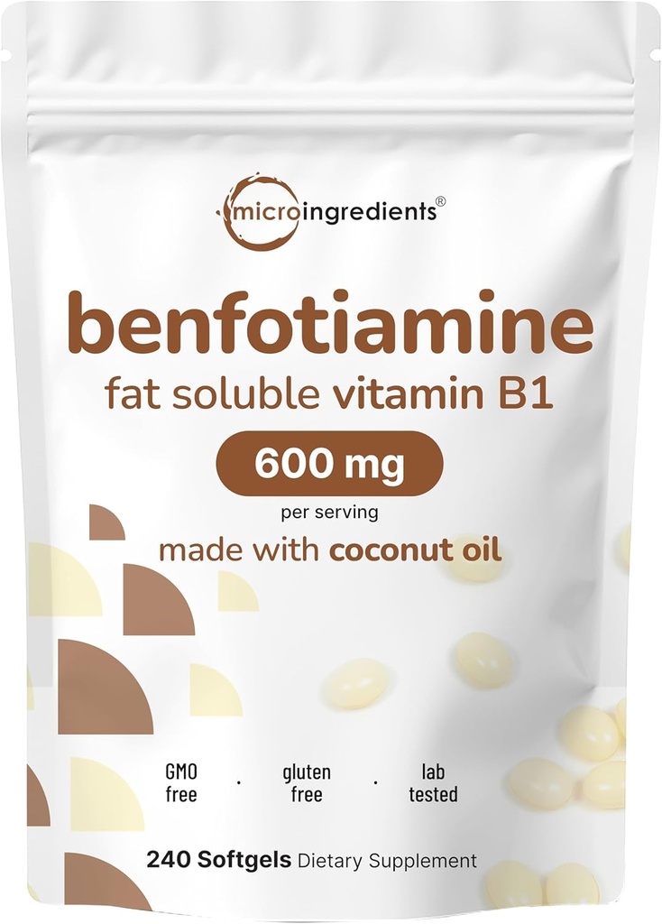 マイクロ成分ビタミンB1 Benfotiamine 600mg/サービング、240ココナッツオイルSoftgels | Bioavailable Bビタミンサプリメント、アクティブティアミンに変換 | 非GMO、大豆無料
