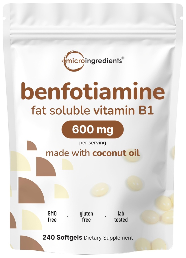 マイクロ成分ビタミンB1 Benfotiamine 600mg/サービング、240ココナッツオイルSoftgels | Bioavailable Bビタミンサプリメント、アクティブティアミンに変換 | 非GMO、大豆無料