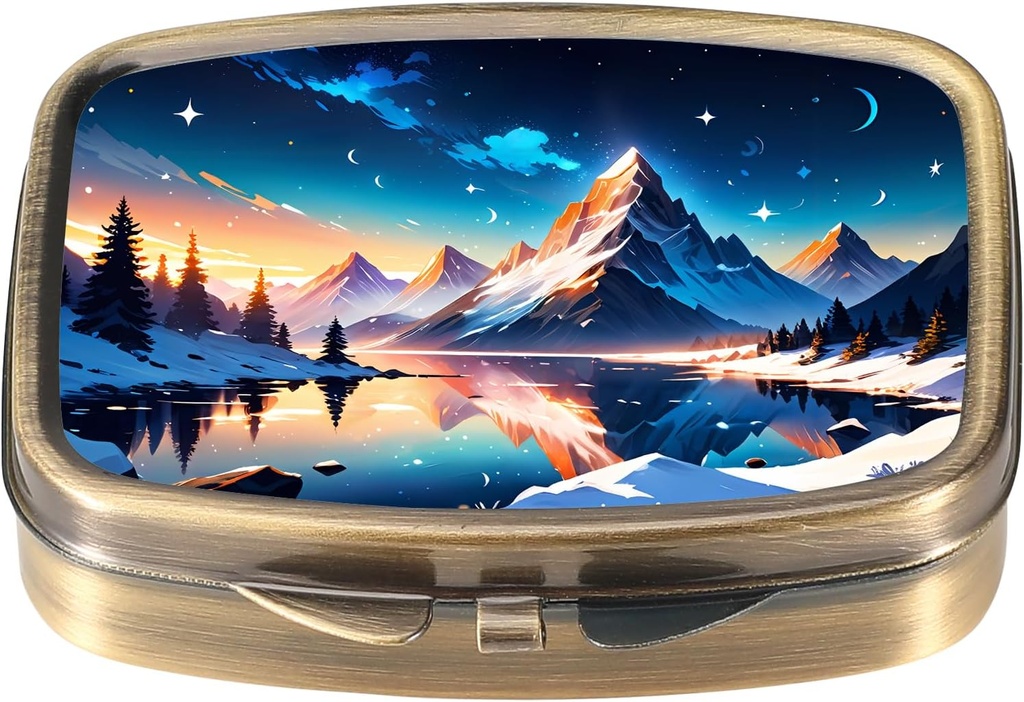 Dynippy Pill Case Pill Box with Mirror Retro Pocket 2 Compartment Medicine Case ビタミン ピル オルガナイザー for Pocket Purse and Travel (Retro- Snowy Mountain Reflections)