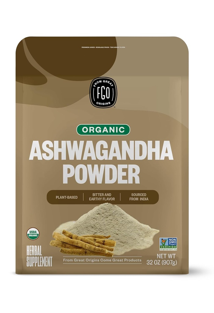 FGO有機アシュワガンダルートパウダー、32oz再封可能なバルクバッグ、非GMO、インドのジンセン、withania Somnifera、インドから供給(パッケージ1)
