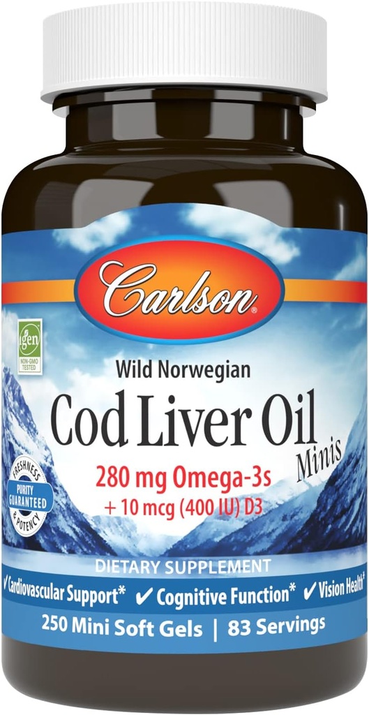 Carlson - Cod Liver Oil Minis, 280 mg Omega-3s + Vitamins A & D3, Heart Support & Cognitive Function, Vision Health, 250 Mini Soft Gels