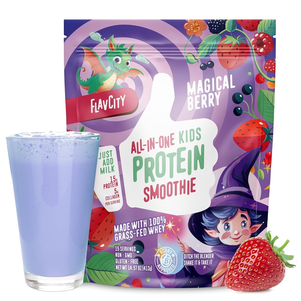 FlavCityオールインワンプロテインスムージー for Kids (Magical Berry) - グラスフェッド&Undenatured Whey Protein Powder with 15g Protein & 5g Collagen - グルテンフリー&非GMO - 15 サービング