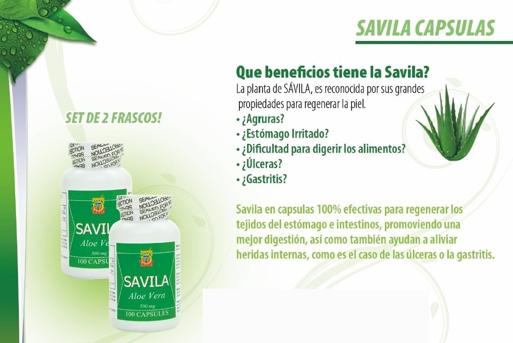 NutrisaludプロダクトCapsulas de SavilaのアロエVeraのカプセル500mg。セットde 2のfrascos 100のcapsulas CADA uno.EfectivoのContraのulceras、agruras、malaの消化、Colitis、estreñimiento。 Dura mas de 3 メセス.