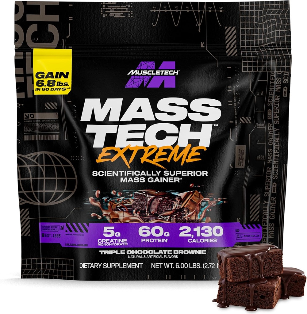 マッスルテックの高プロテイン質量ゲイン(トリプルチョコレートブラウニー、6LB) - マステックエクストリーム2000質量ゲインプロテインパウダーサプリメント - 増加筋肉、強化された回復と強度のための重量ゲイン