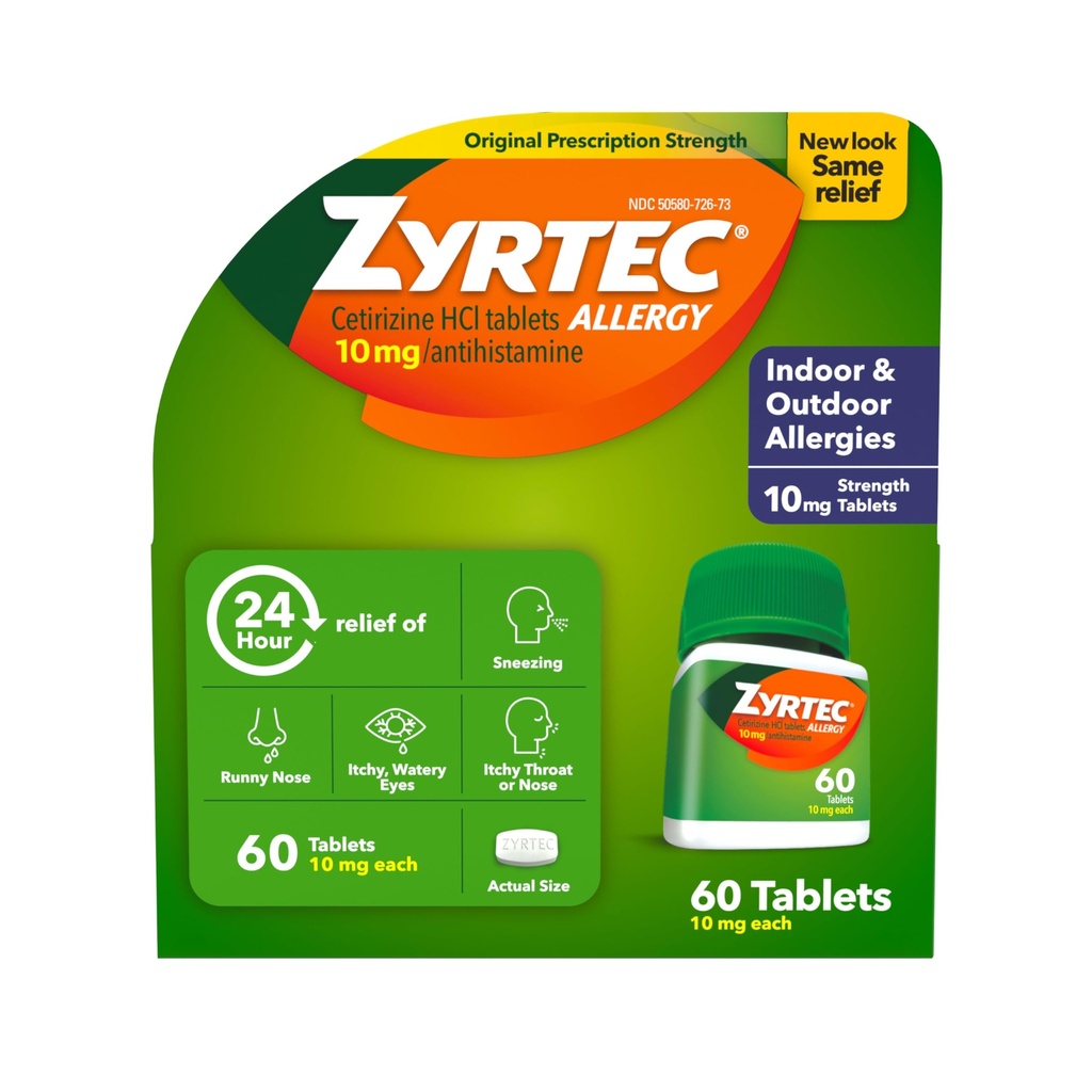 Zyrtec 24時間のアレルギーの救助のタブレット、Antihistamineのタブレット、アレルギーの救助、60の計算ごとの10のmg Cetirizine HClの屋内及び屋外のアレルギーの薬。