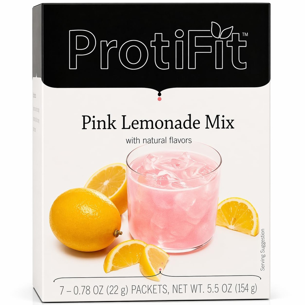 ProtiFit - 高プロテインフルーツ風味パウダードリンクミックス、15gプロテイン、低カロリー、砂糖無料、理想的なタンパク質対応、7パック/ボックス(ピンクレモネード)