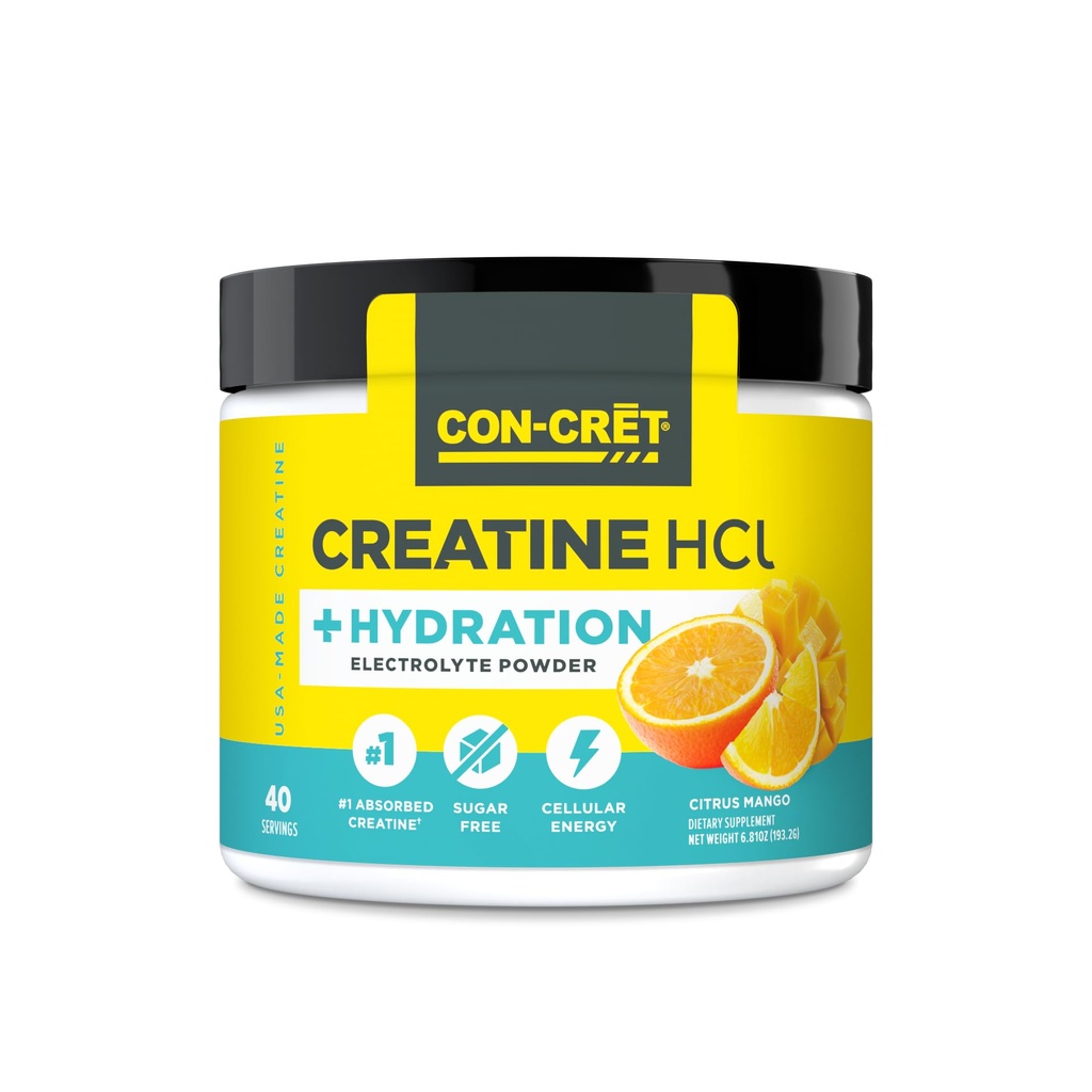 CON-CRETクレアチンHCl + 水分補給 | 電解質パウダーチューブ | シトラスマンゴー | 砂糖フリー電解液 | 水分補給式 w カリウム・ナトリウム・亜鉛・マグネシウム から 水分補給・回復(40 serv)