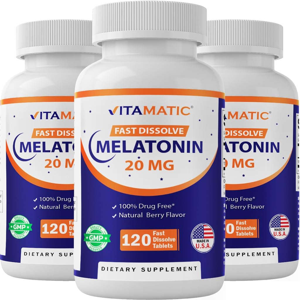 Vitamatic Melatonin 20 mg錠 | ベジタリアン・非GMO・グルテンフリー | 高効力20 MG | ナチュラルベリー味(1/2錠=メラトニン10mg) (120個入り)