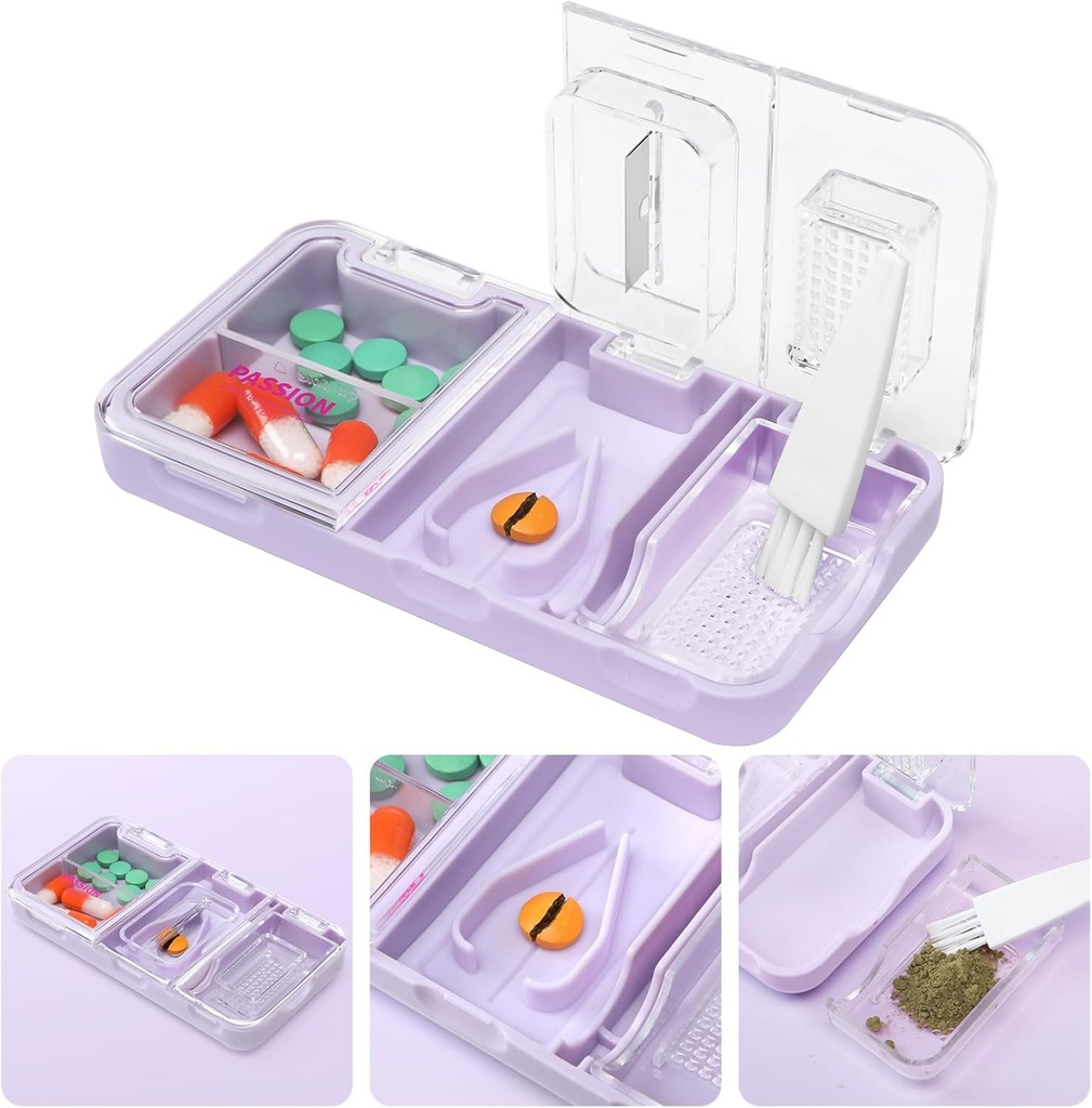 Topliveの携帯用3 1の丸薬のカッターおよび丸薬の粉砕機および丸薬のホールダー、正確な容易な切断、小さい大きい丸薬のための薬の粉砕機、ビタミンのタブレットのディバイダーはペット、紫色をからかいます